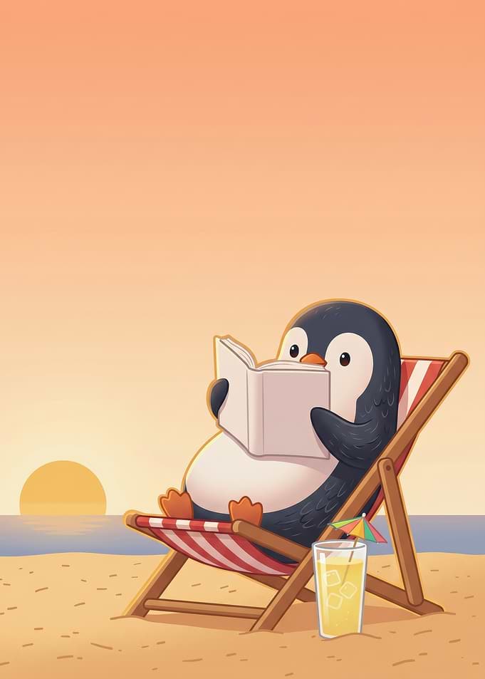 Cute Penguin Reading Book Beach Chair Sunset Orange Sky Relaxed Animal Lover Bedroom