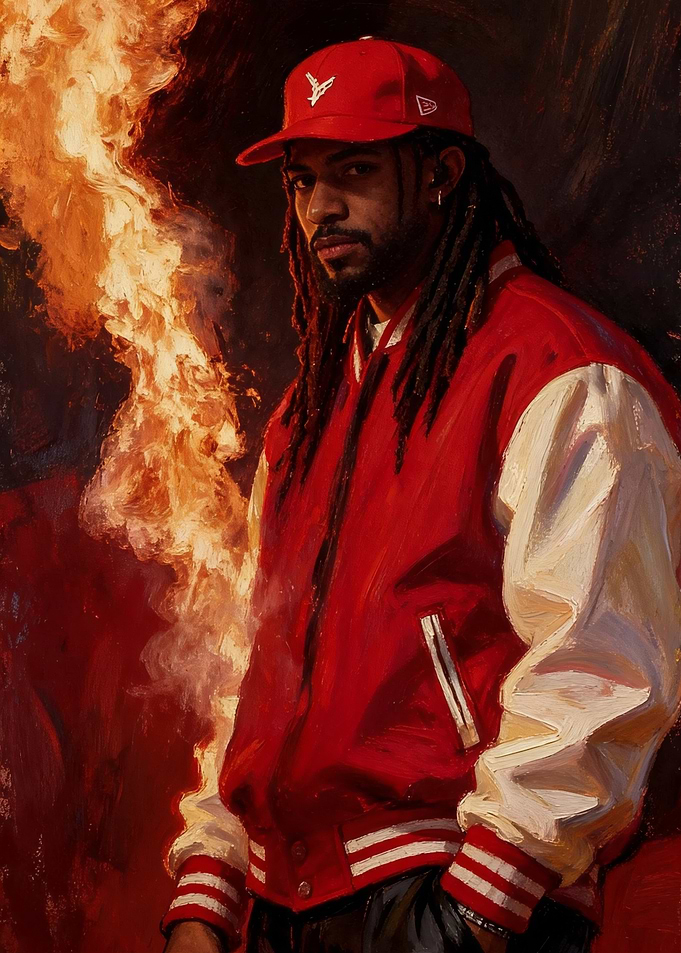 Playboy carti in Red Jacket with Flames