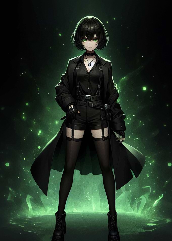 Anime Girl in Black Outfit with Green Eyes