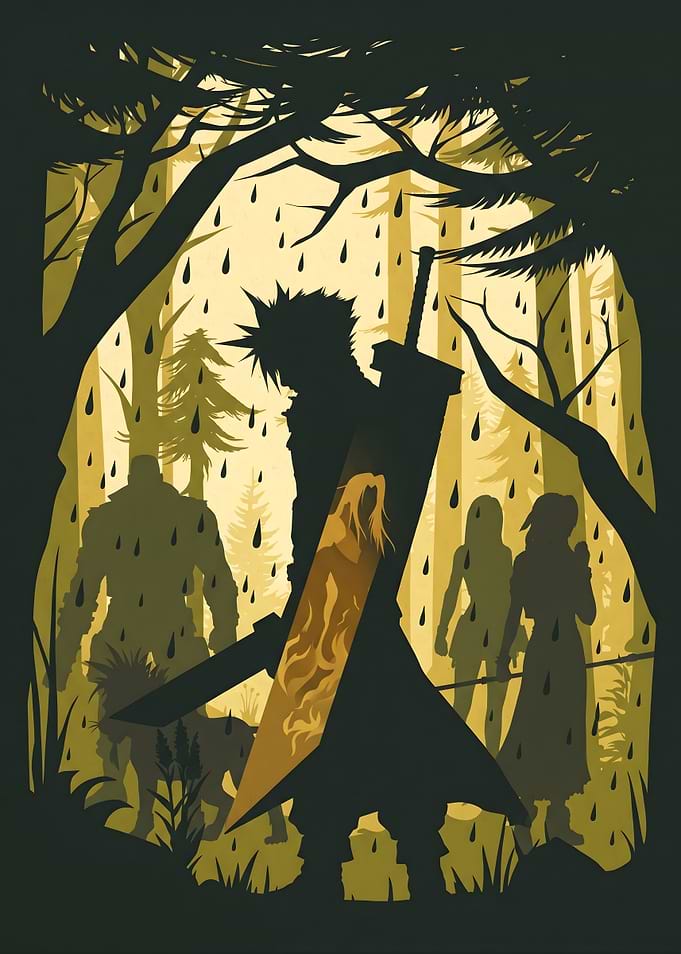 Cloud Strife and Companions in a Forest