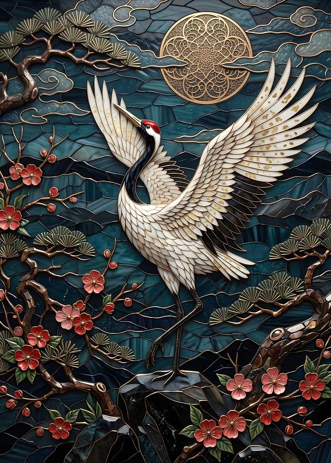 Japanese Crane with Cherry Blossoms