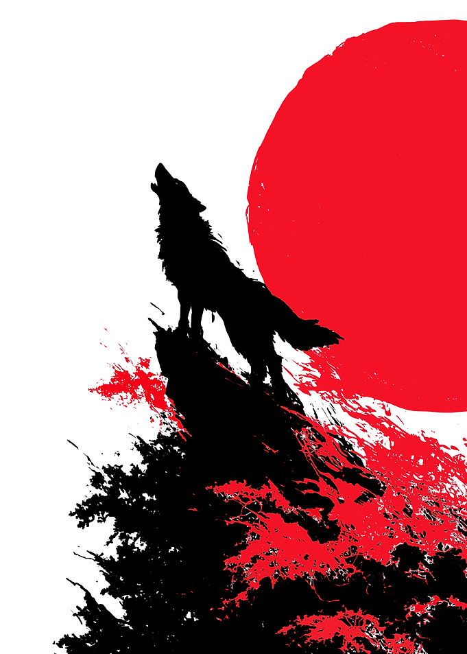 Wolf howling at a red sun