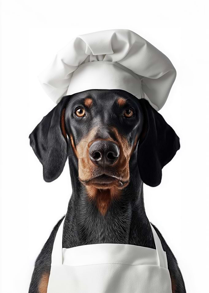 Black and Tan Coonhound Dog Chef in Chef Hat and Apron