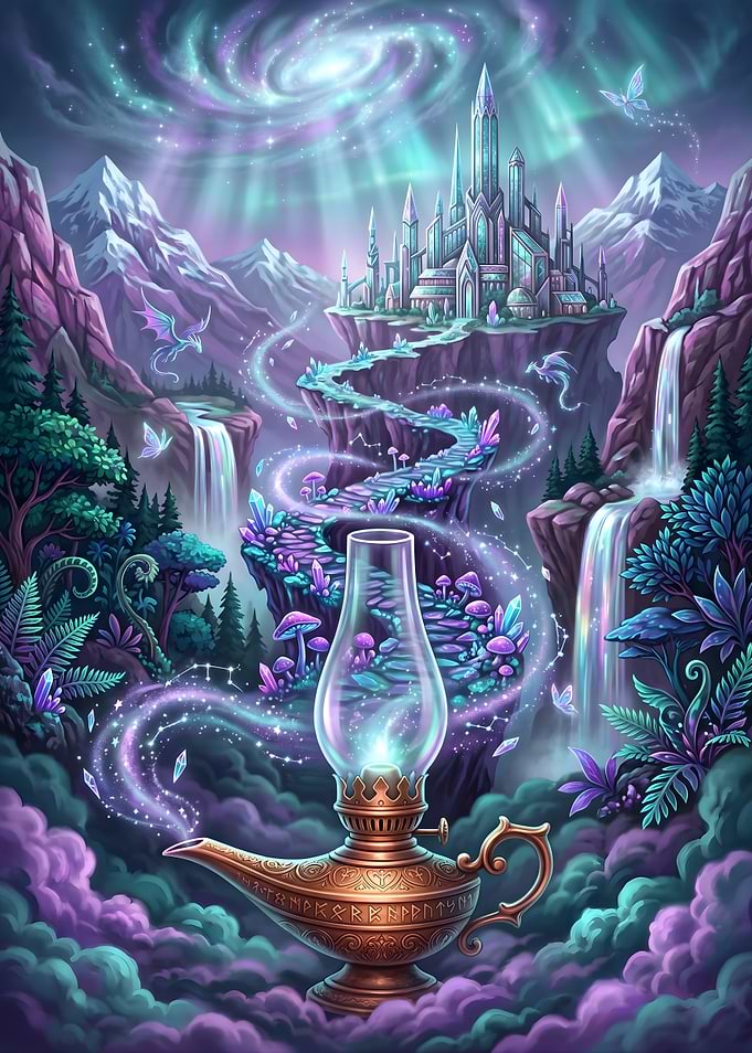 Magical Fantasy Landscape with Castle and Lamp