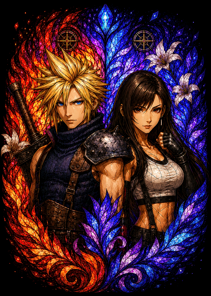 Cloud and Tifa in Stained Glass Style