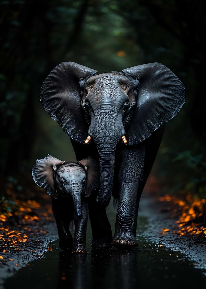 Mother and baby elephant walking