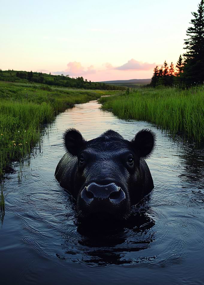 Cow standing in a stream at sunset