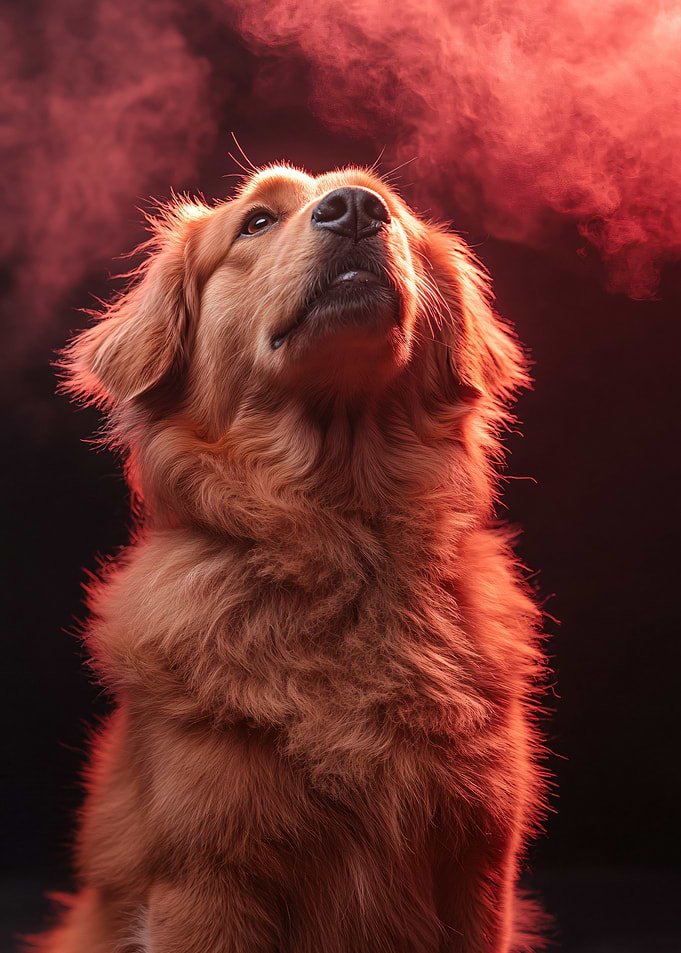 Golden Retriever in Red Smoke
