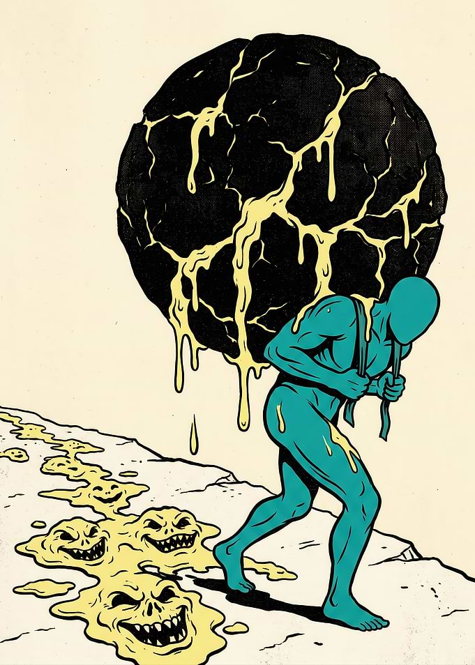 Man Carrying Heavy Black Ball with Yellow Drips