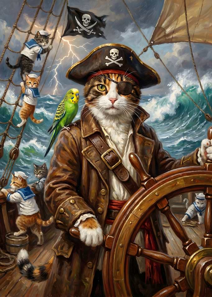 Pirate Cats on a Stormy Ship