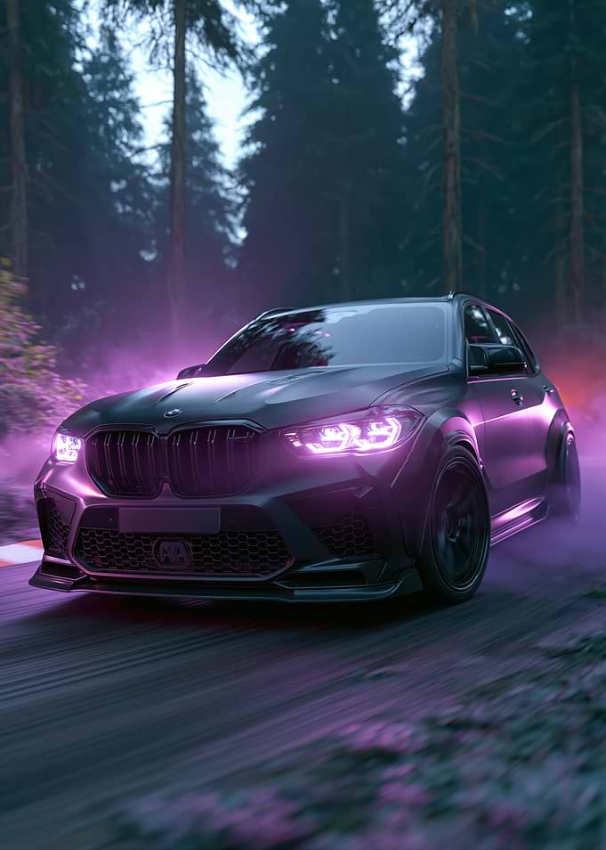 Dark Car with Purple Lights in Forest
