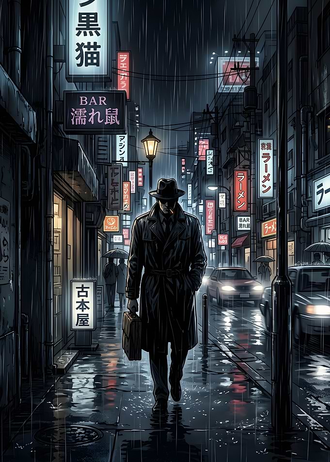Detective in Rainy Tokyo Alley