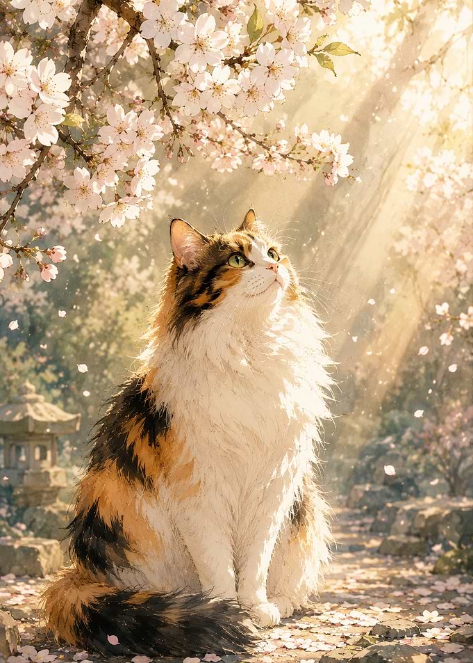 Calico Cat Under Cherry Blossoms