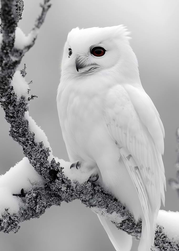 White Owl on Snowy Branch