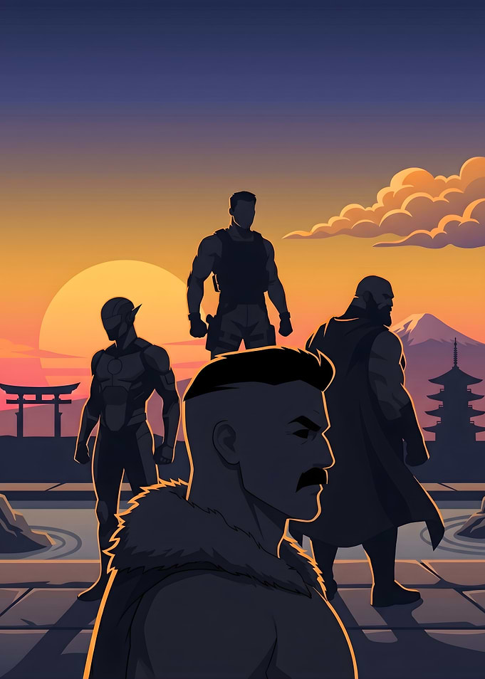 Silhouetted Heroes at Japanese Sunset
