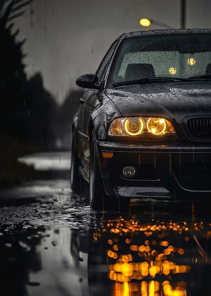 sleek Black m3 e46 car in the rain
