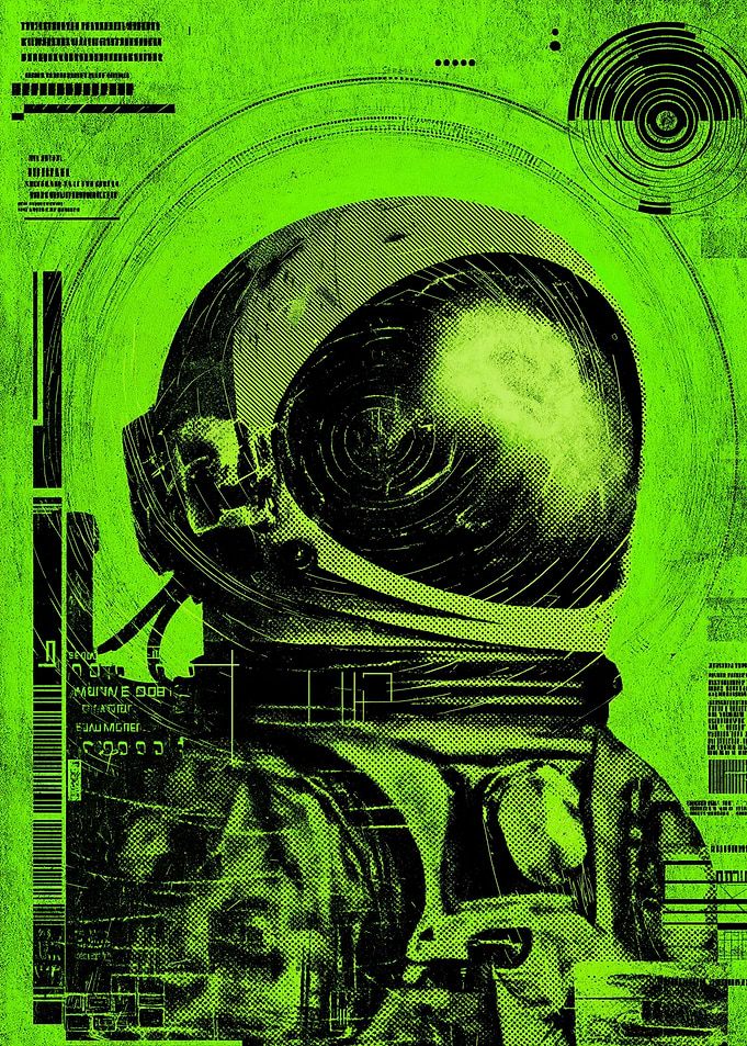 Astronaut Helmet with Neon Green Glitch Effect