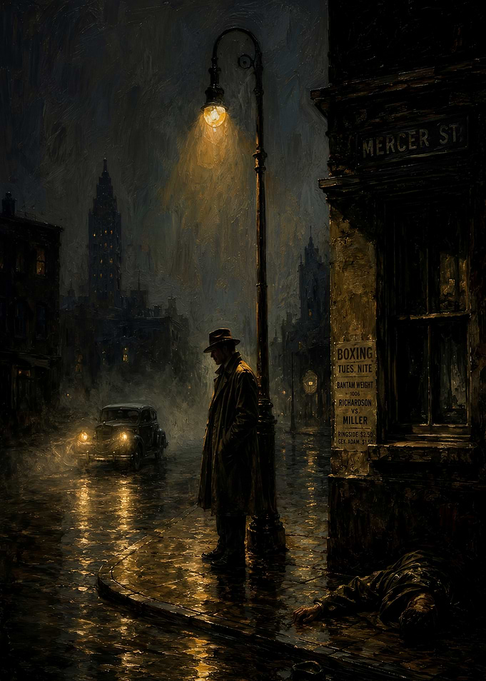 Noir Detective on Rainy Mercer Street