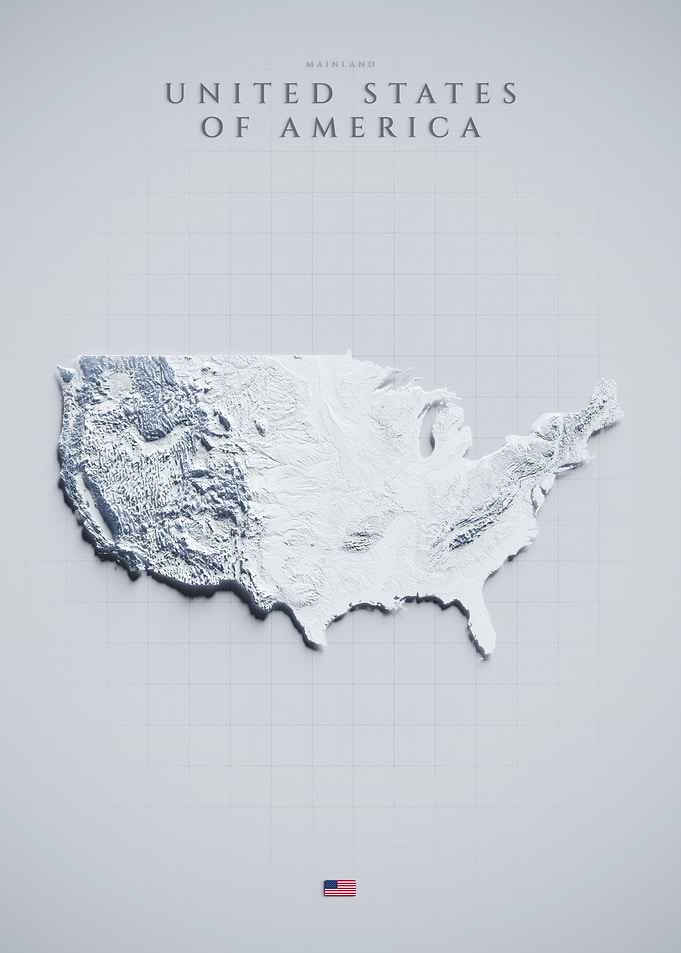 USA Mainland Topographic Map - Light Shaded Relief, 3D Elevation Poster