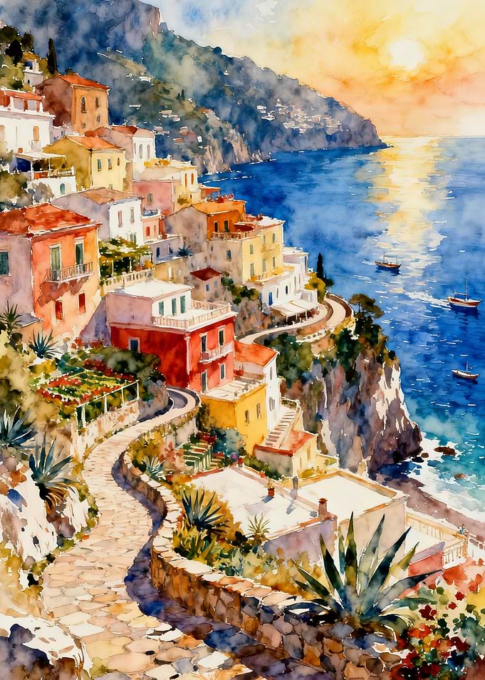 Positano Village Watercolor Painting