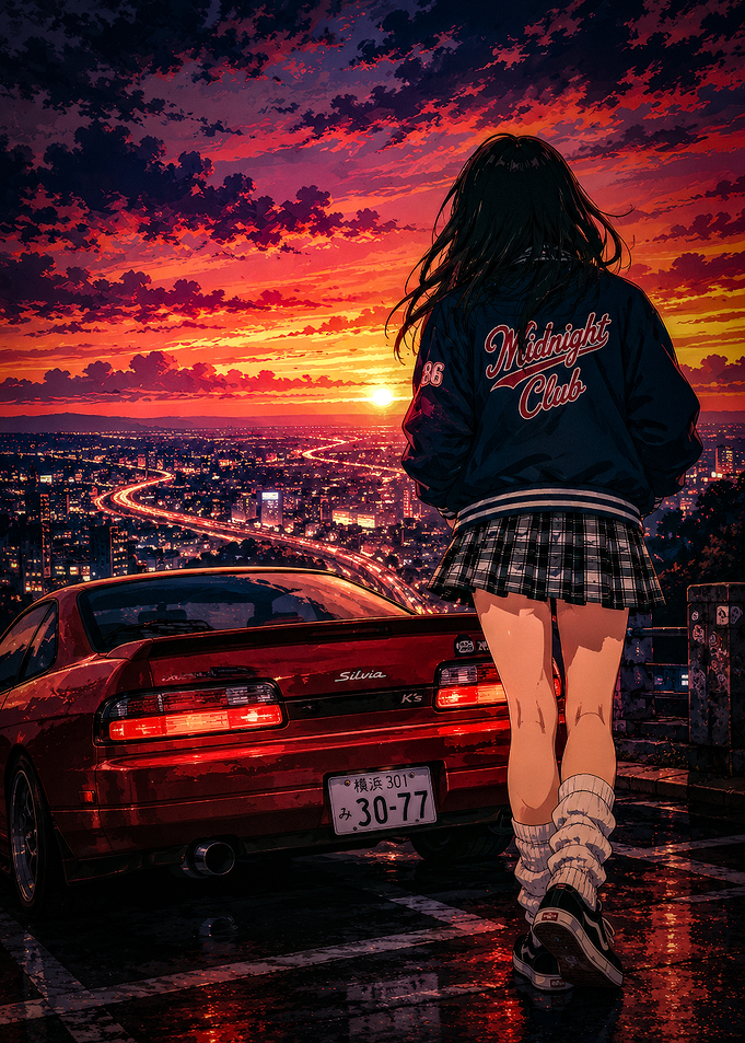 Anime Girl and Car at Sunset