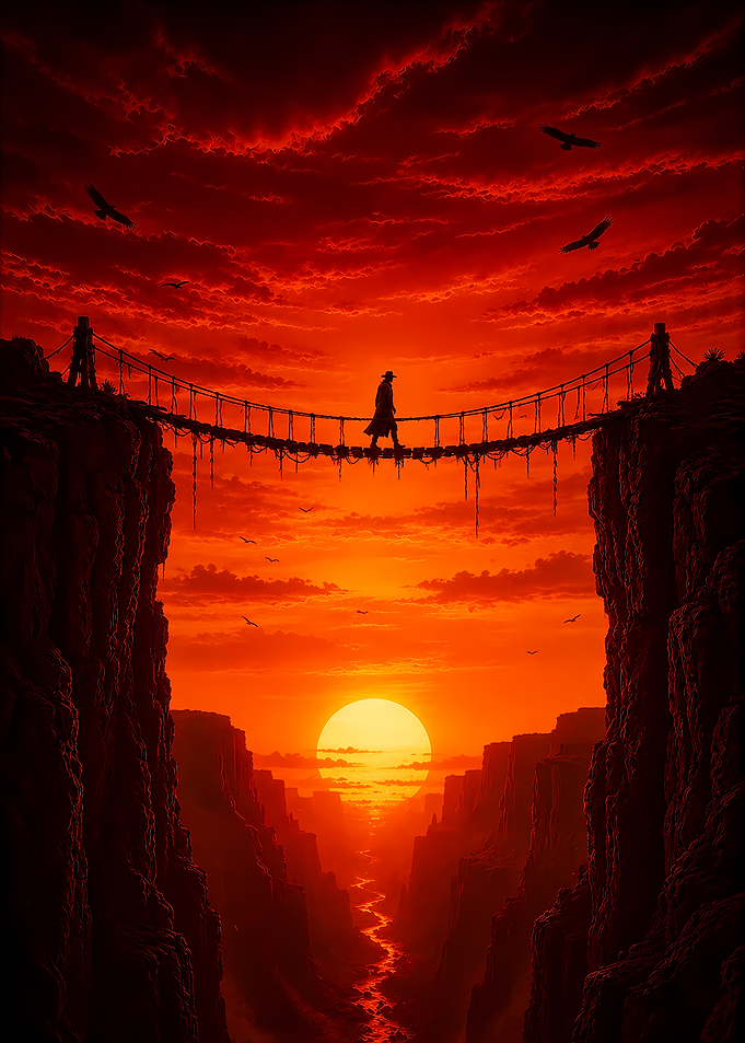 Lone figure crosses a rope bridge at sunset