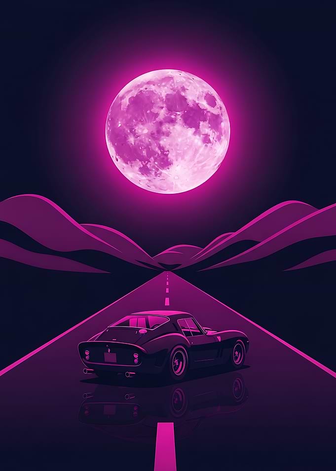 Classic Retro Car Under Pink MoonNight Drive Poster