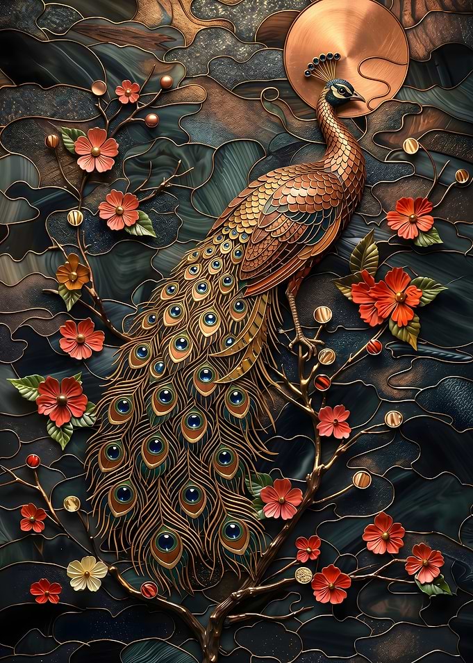 Peacock with Flowers Stained Glass Art