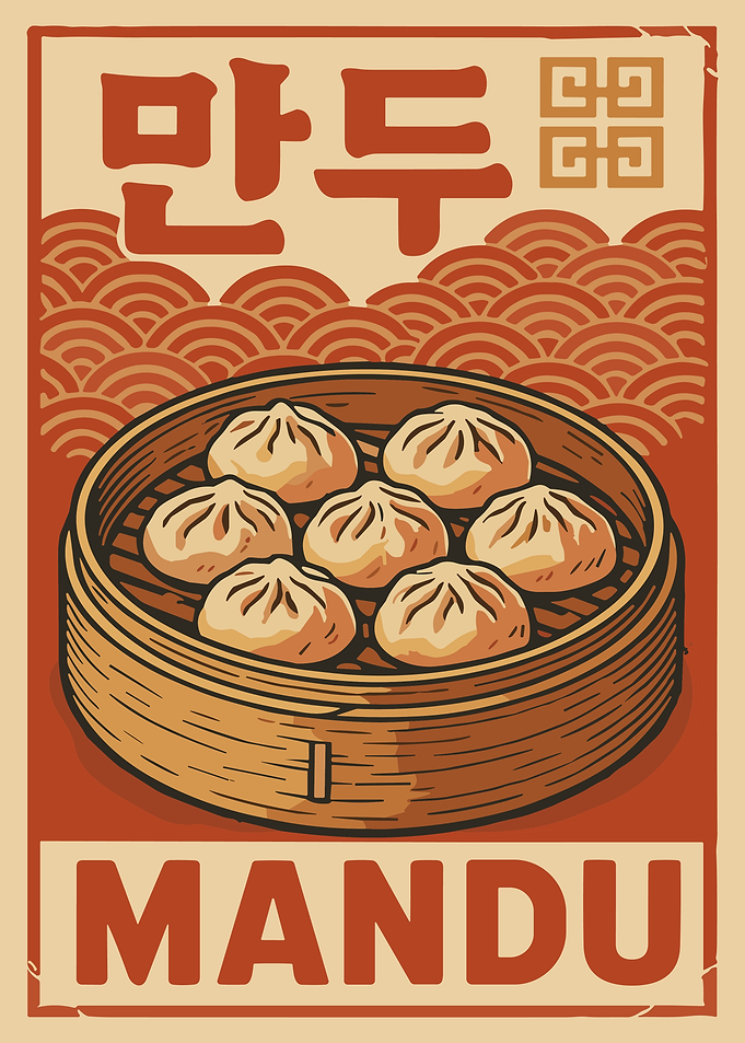 Vintage Mandu Dumplings Poster Korean Food Wall Art Bamboo Steamer Illustration