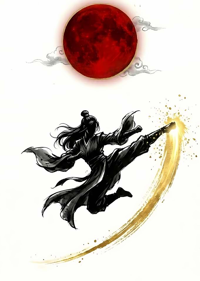 Martial Artist Kicking Under Red Moon