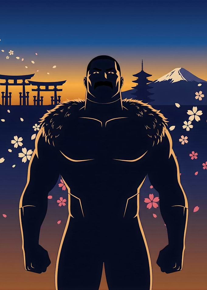 Macho Man Silhouette with Japanese Scenery