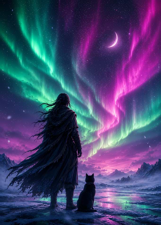 Person and Cat Under Aurora