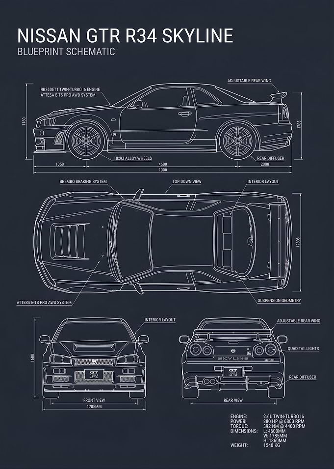 Nissan GTR R34 Skyline Blueprint