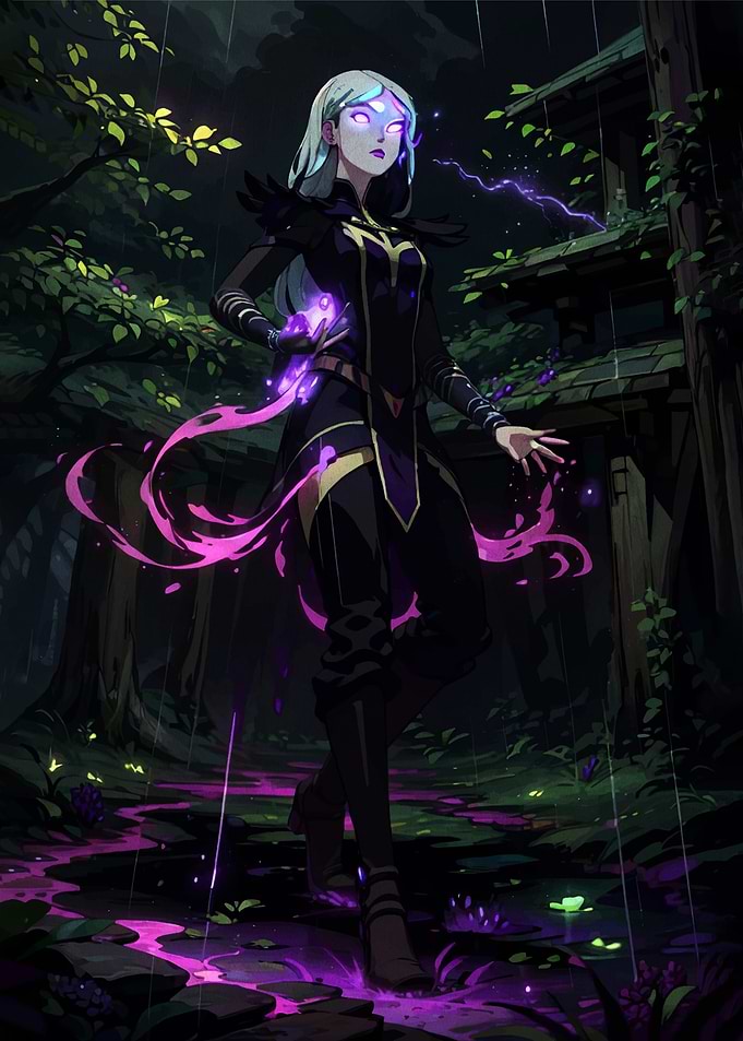 Sorceress casting magic in a dark forest