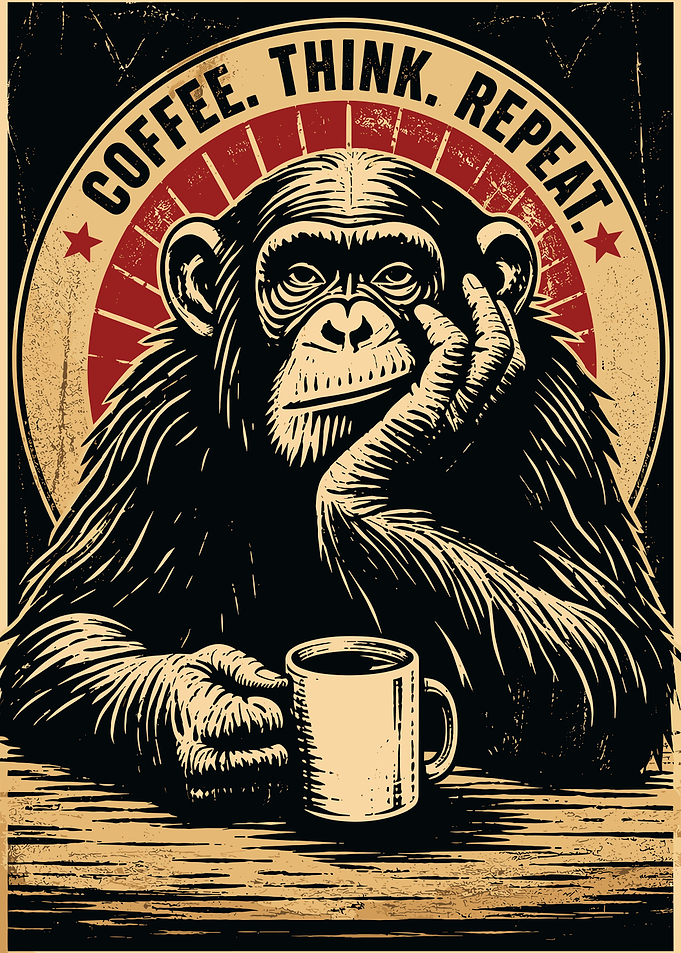 Chimpanzee with Coffee and Text