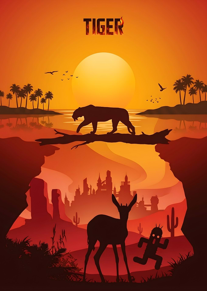 Tiger and Deer in a Fantasy Landscape