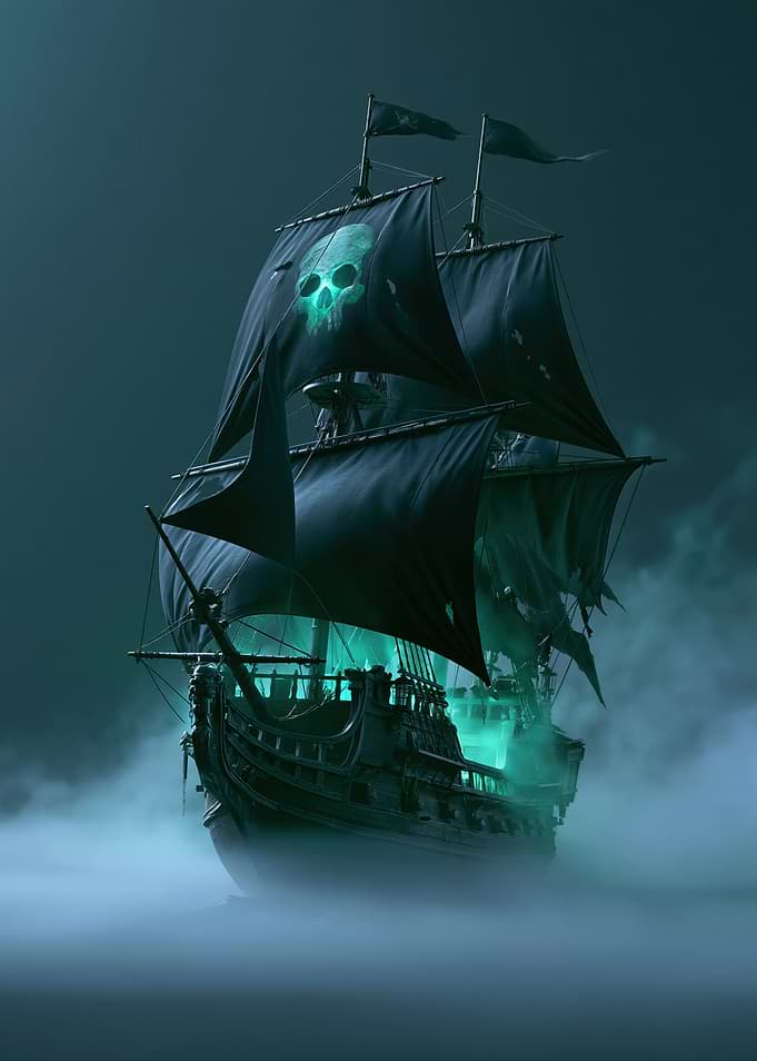 Ghostly Pirate Ship in Fog