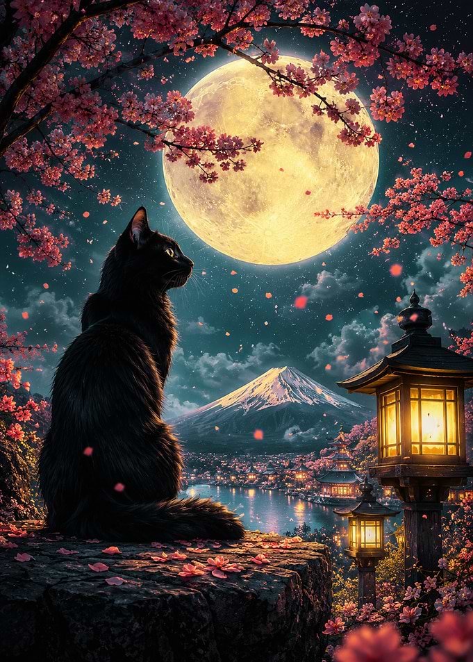 Black Cat Under Cherry Blossoms