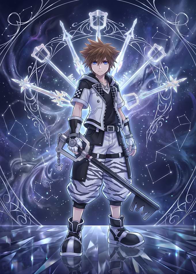 Kingdom Hearts Sora with Keyblades in Cosmic Setting