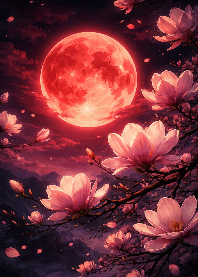 Red Moon Over Magnolia Blossoms