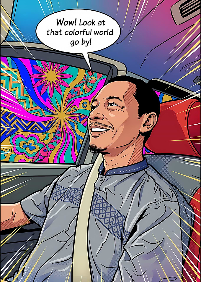 Man driving in a colorful car