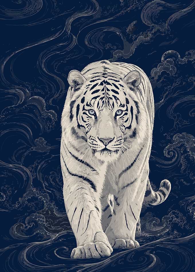 White Tiger Amidst Dark Waves