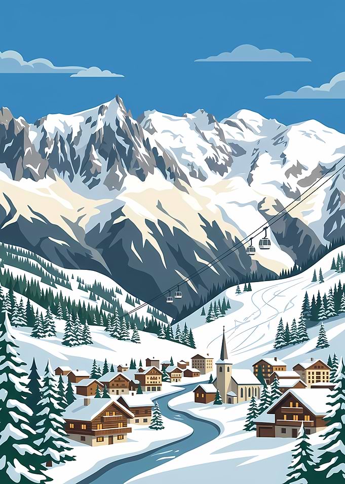 Alpine Village with Snowy Mountains