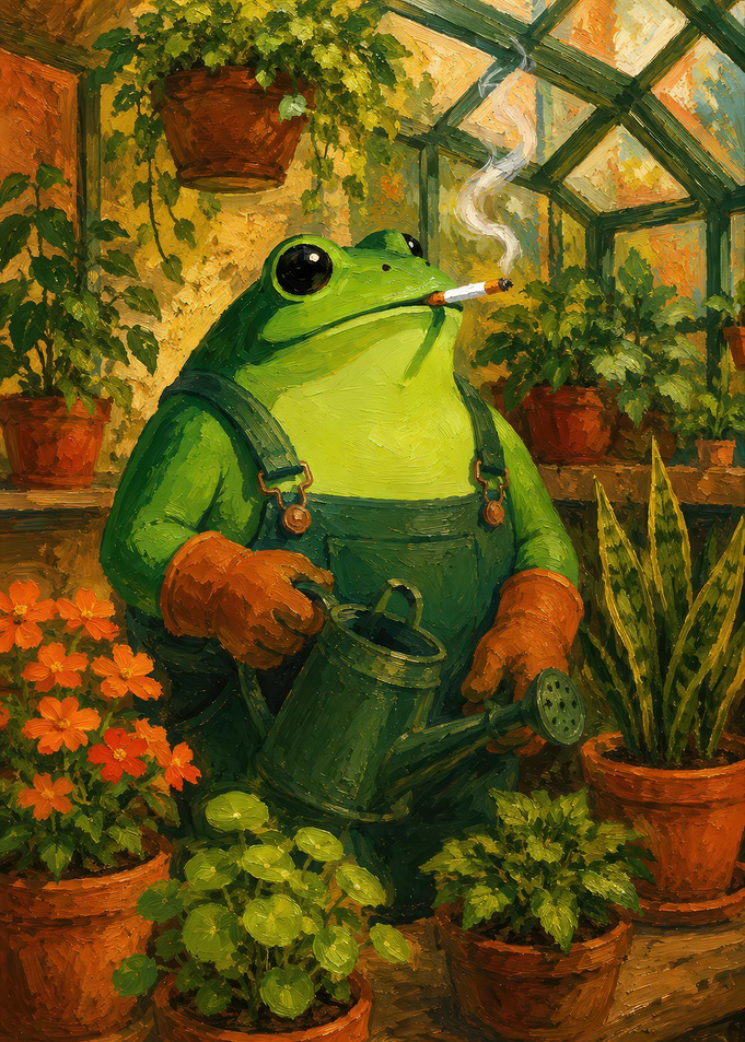 Frog Gardener Smoking in Greenhouse