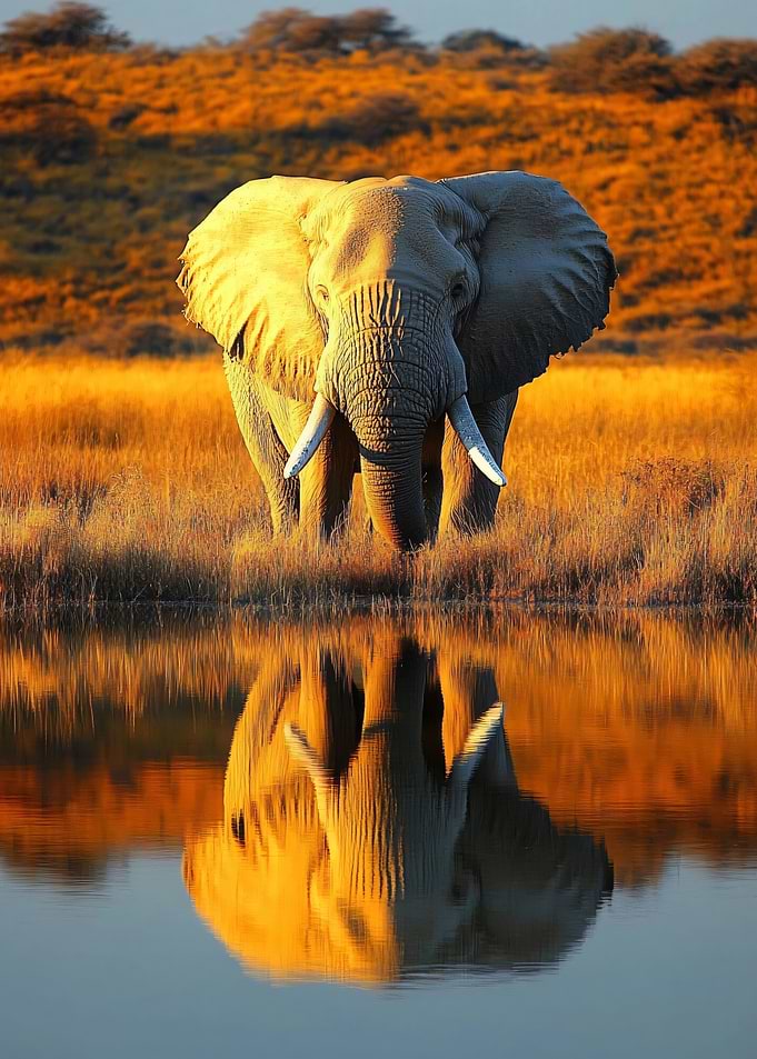 Elephant reflected in water at sunset