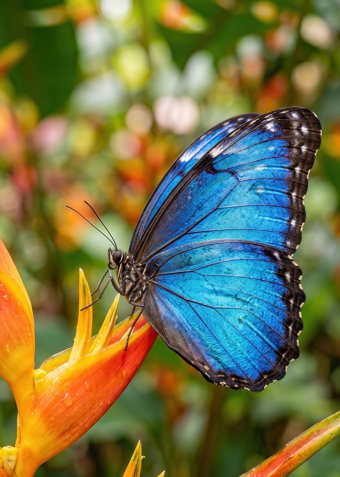 Blue Morpho Butterfly on Orange Flower
