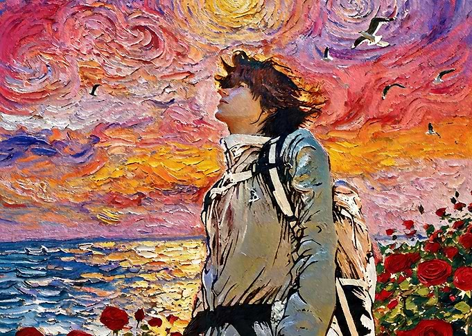 Person looking at a vibrant sunset over the ocean