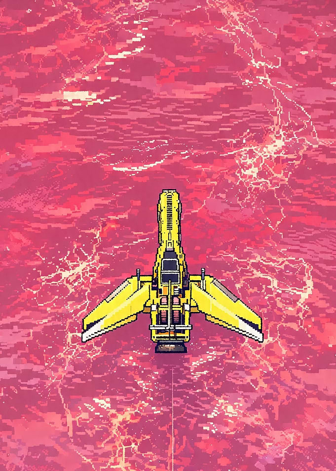 Yellow spaceship in a red nebula Sky