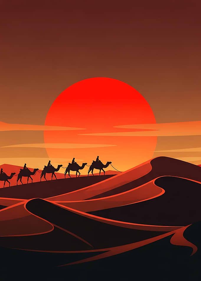 Desert Camel Caravan Red Sunset – Sahara Silhouette Poster, Arabian Wall Art