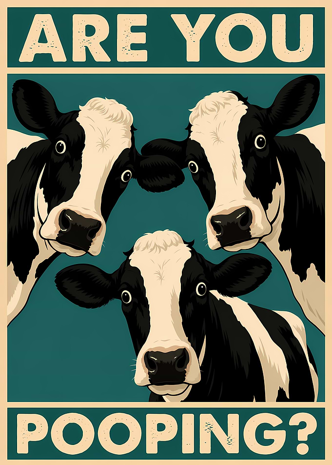Three Cows Asking 'Are You Pooping?'